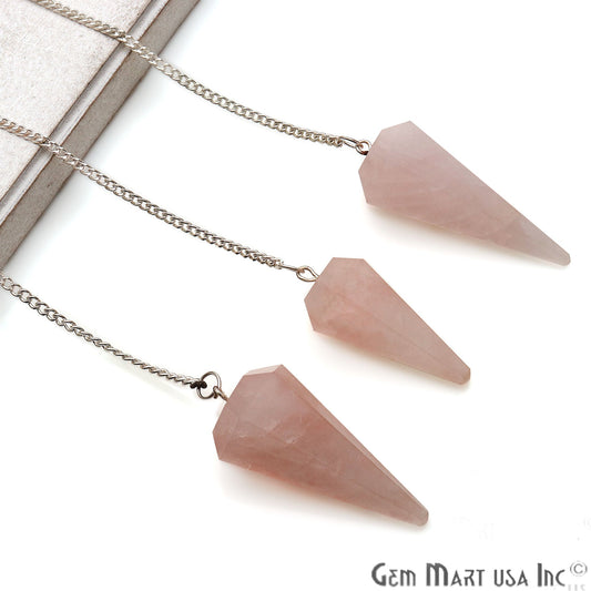 Rose Quartz Crystal Dowsing Pendulum - Natural Gemstone Pendant with Silver Chain