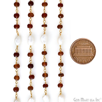 Hessonite 4-5mm & Pearl 8x5mm Beads Gold Plated Rosary Chain