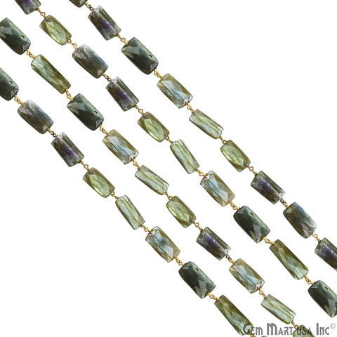 Labradorite Rectangle 19x8mm Beaded Gold Wire Wrapped Rosary Chain