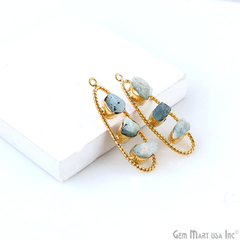 Aquamarine Rough Gemstone Free Form Oval Gold Plated Twisted Bezel setting 44x16mm DIY Earring Pendant Connector