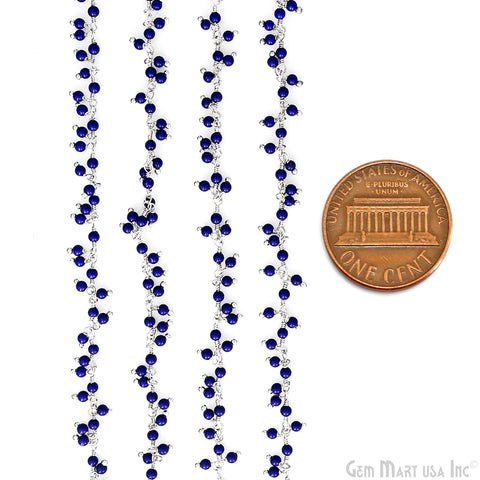 Dark Blue Chalcedony 2-2.5mm Cluster Dangel Gemstone Beaded Silver Wire Wrapped Rosary Chain