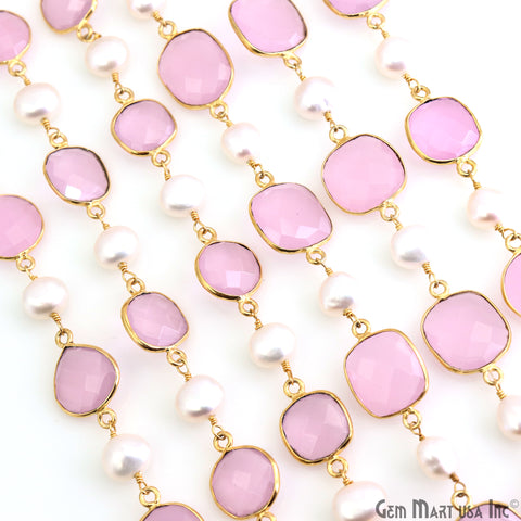 Rose Chalcedony & Pearl Gold Plated Bezel Link Continuous Connector Chain
