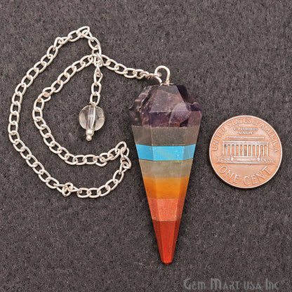 Seven Chakra Crystal Dowsing Pendulum - Natural Gemstone Pendant with Silver Chain