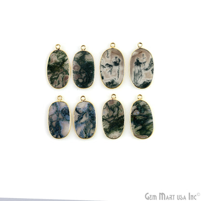 Moss Agate Oval Gold Plated Single Bail Bezel Smooth Slab Slice Thick Gemstone Connector 30x16mm 1 Pair