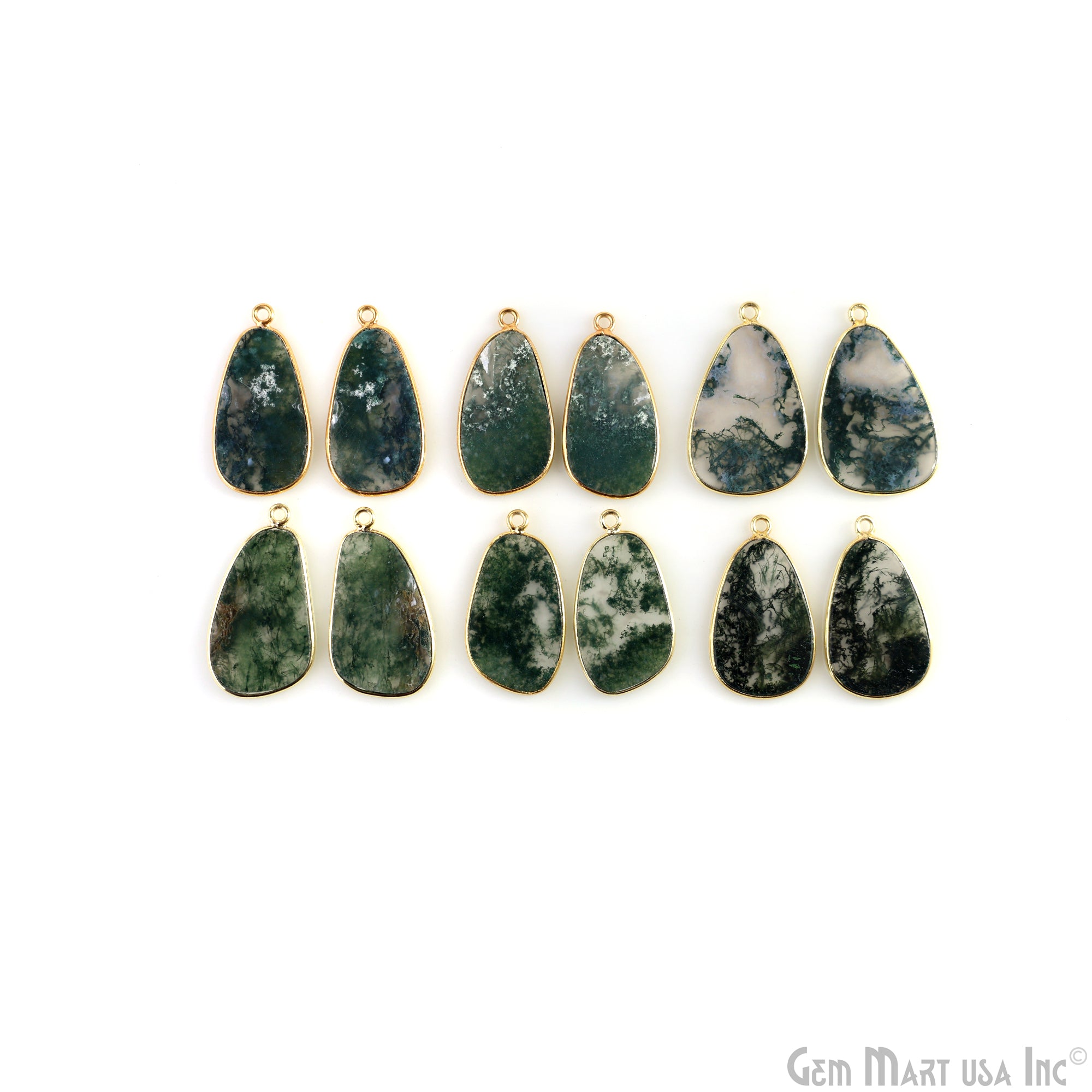 Moss Agate Pears Gold Plated Single Bail Bezel Smooth Slab Slice Thick Gemstone Connector 29x16mm 1 Pair