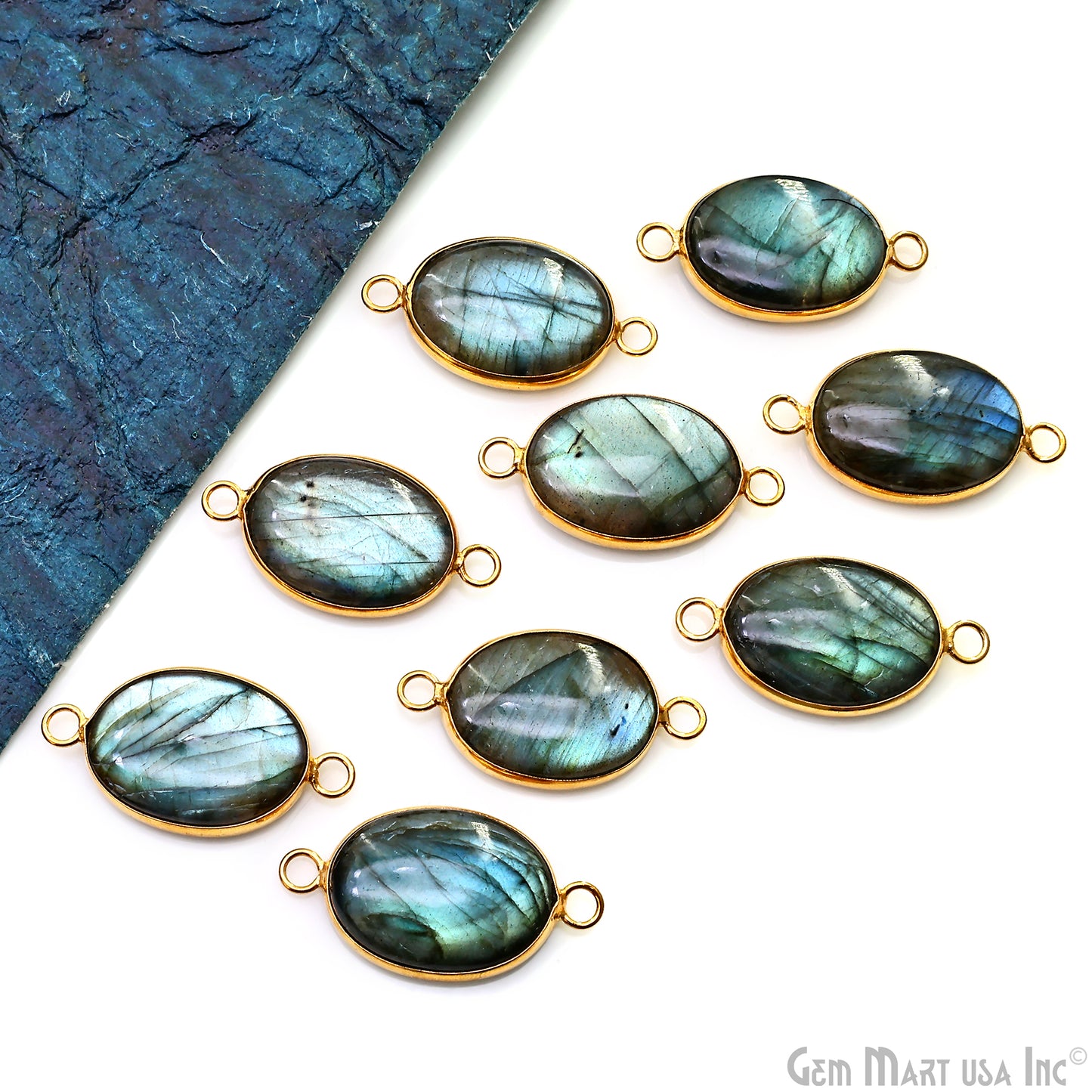 Flashy Labradorite 35x19mm Cabochon Oval Double Bail Gold Bezel Gemstone Connector