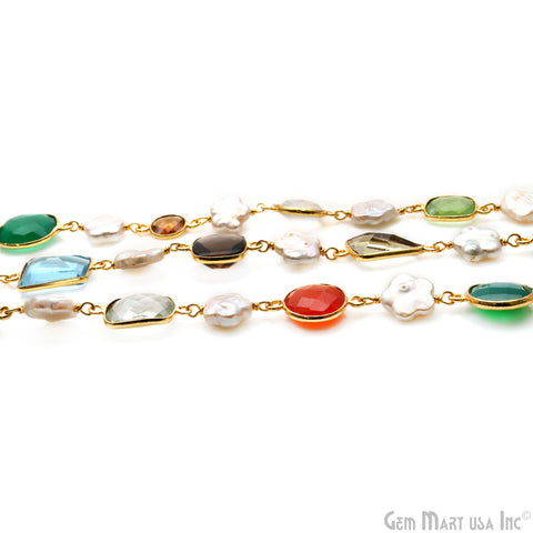 Multi-Color & Mix Shape Gemstone With Star Freshwater Pearl Beads 10-15mm Gold Bezel Faceted Continuous Connector Chains