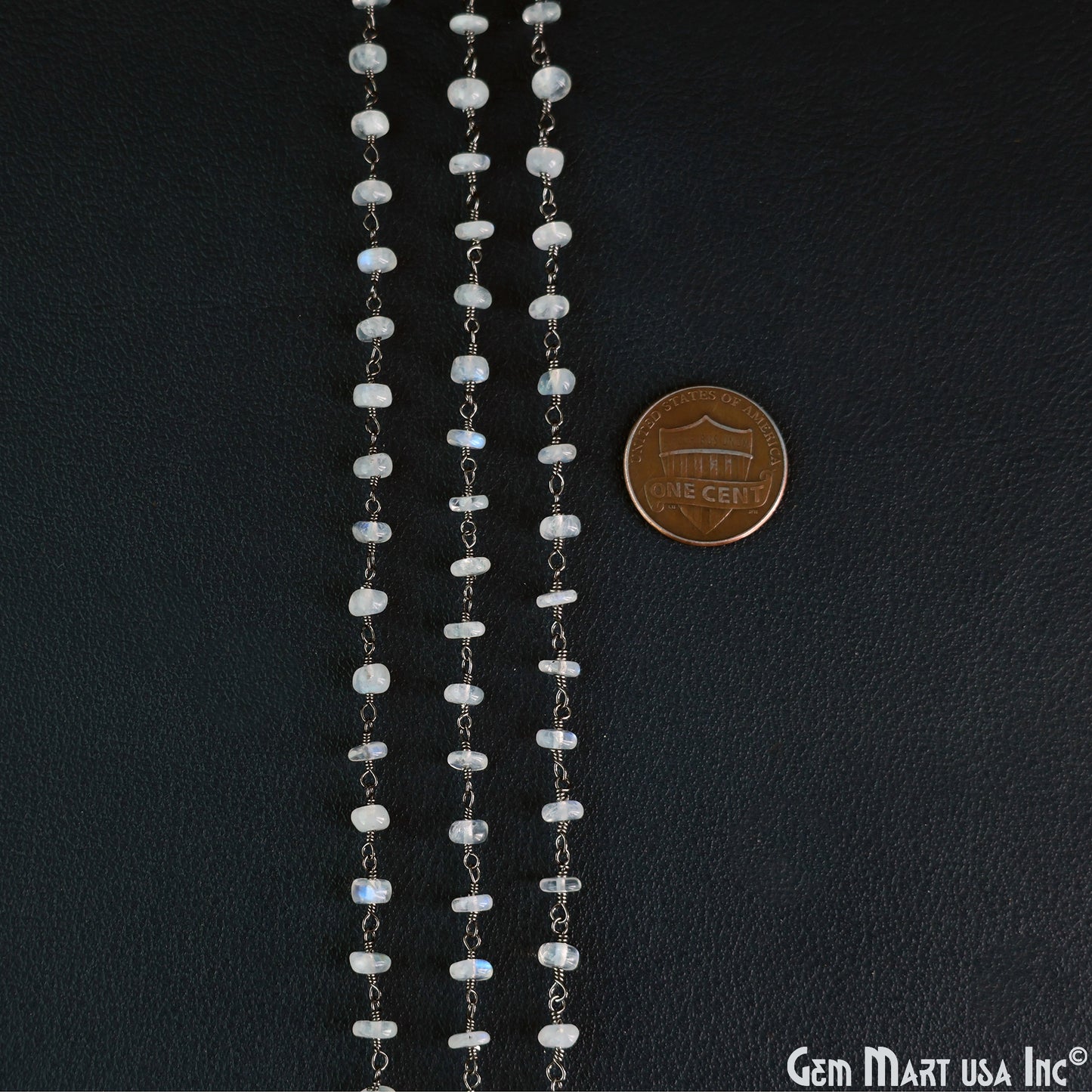 Rainbow Moonstone Round Beads 4-5mm Oxidized Wire Wrapped Rosary Chain