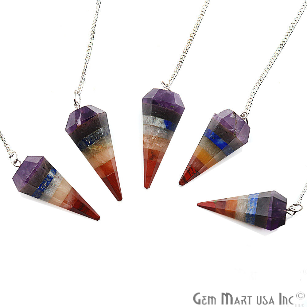 Seven Chakra Crystal Dowsing Pendulum - Natural Gemstone Pendant with Silver Chain