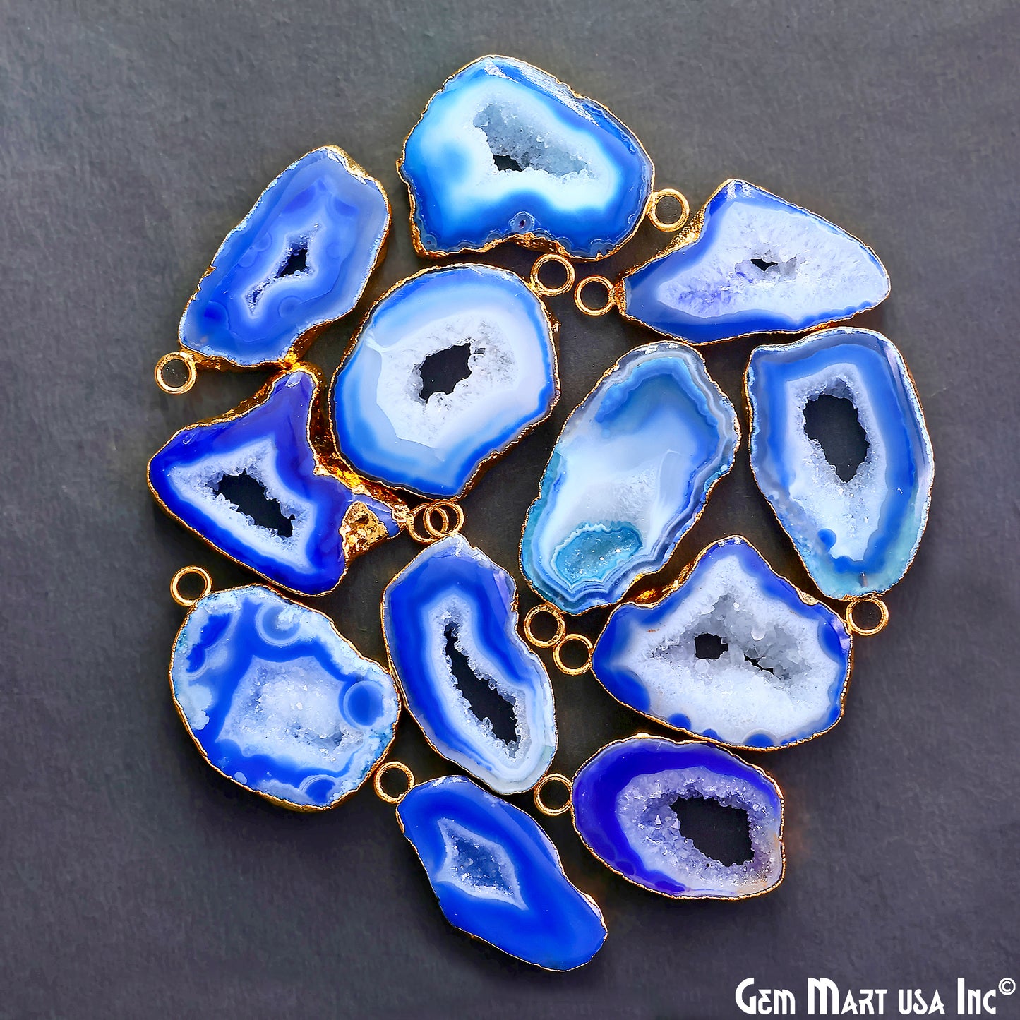 Blue Agate Geode Druzy 1-2 Inch Single Bail Gold Electroplated Gemstone Connector