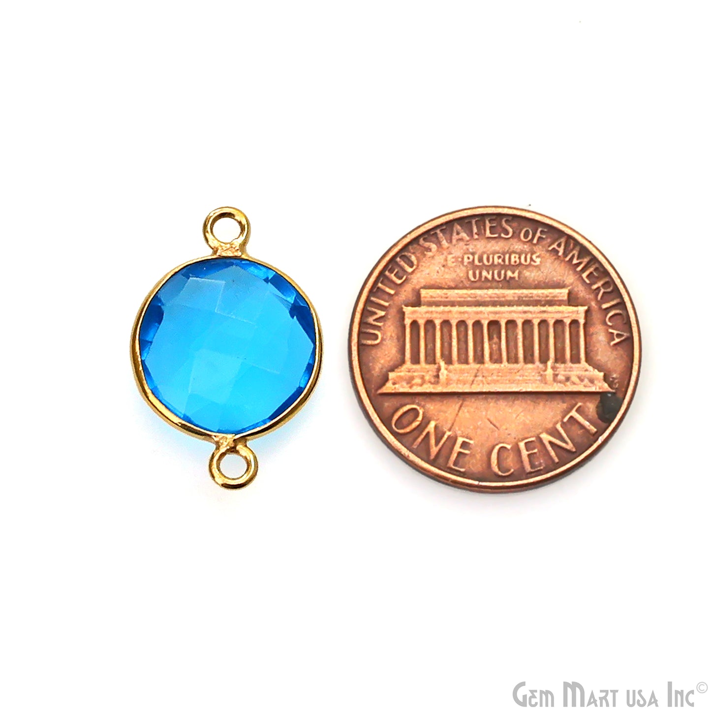 Blue Topaz Bezel Connector Round Shape 24K Gold Plated Double Bail Connector (HB-11523)