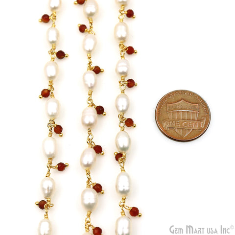 Freshwater Pearl And Carnelian Faceted Beads Gold Wire Wrapped Beads Rosary Chain