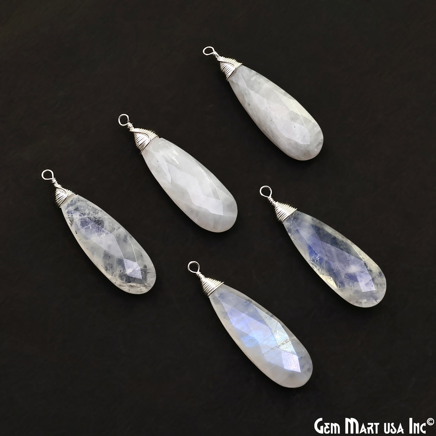 Rainbow Moonstone Pear 37x10mm Silver Wire Wrapped Single Bail Gemstone Connector