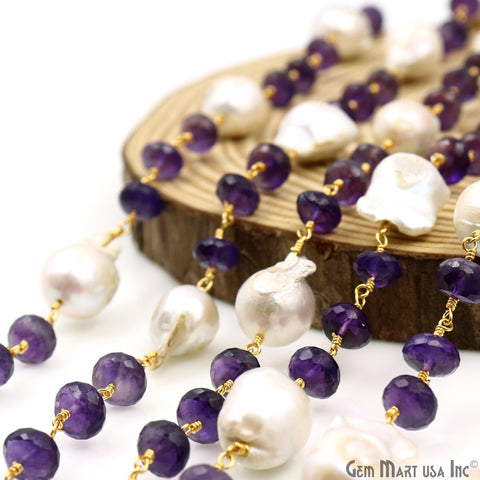Amethyst 8-9mm & Freshwater Pearl 17x12mm Beads Gold Plated Rosary Chain