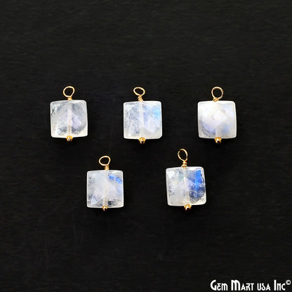 Rainbow Moonstone Square 8mm Gold Wire Wrapped Single Bail Gemstone Bead Connector