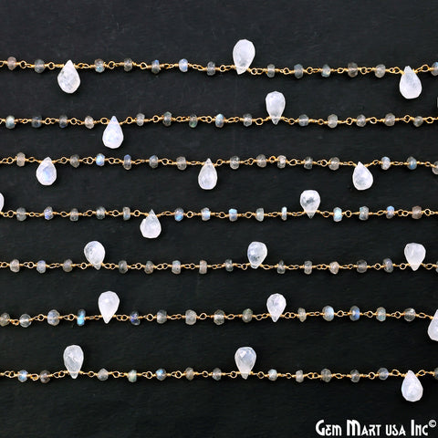 Labradorite Beads & Rainbow Moonstone Drop Beads Gold Wire Wrapped Beads Rosary Chain