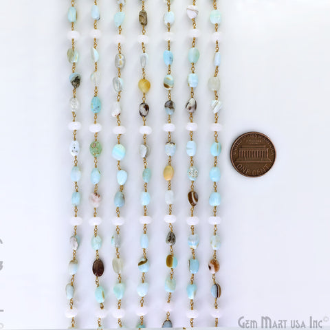 Amazonite & White Chalcedony Tumble Beads Gold Plated Wire Wrapped Rosary Chain