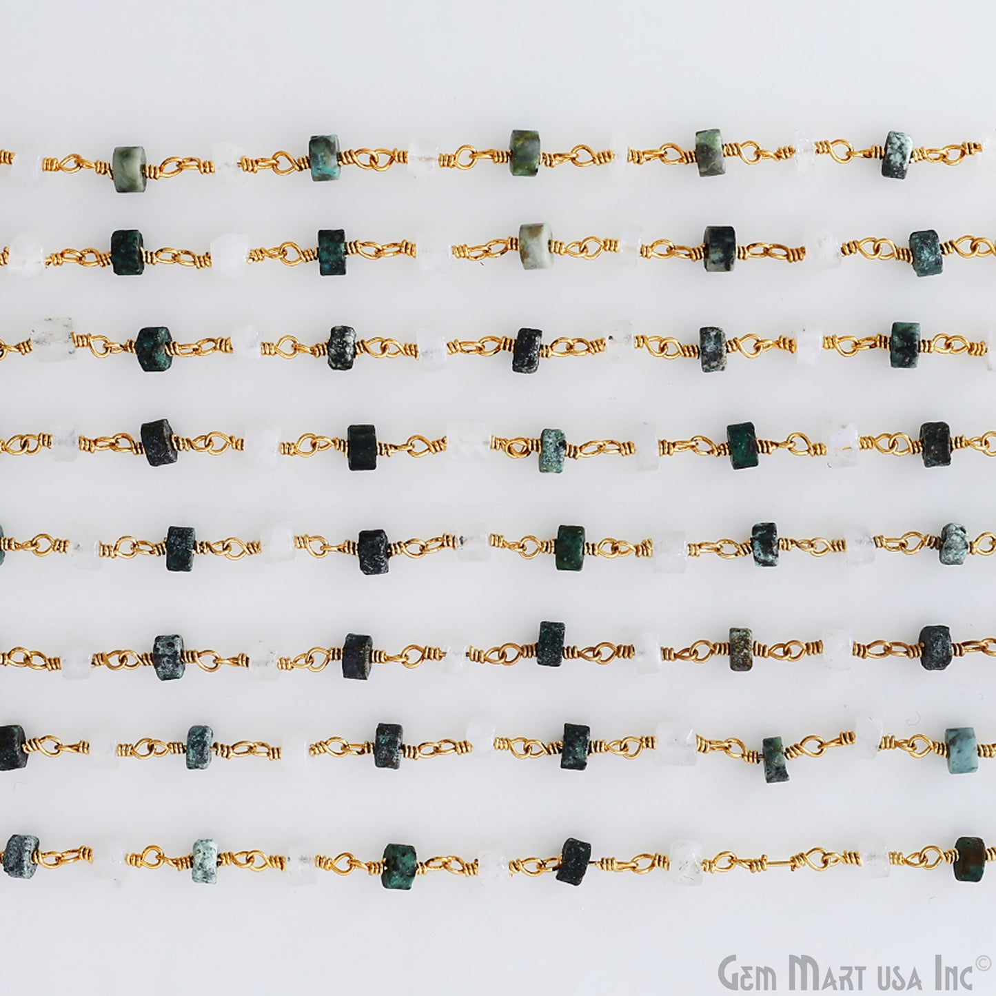 Moonstone & Chrysocolla Tyre Shape 4-5mm Beads Gold Plated Gemstone Beaded Wire Wrapped Rosary Chain