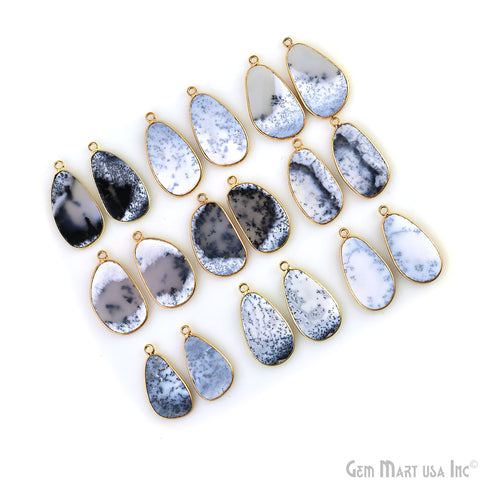 Dendrite Opal Pears Gold Plated Single Bail Bezel Smooth Slab Slice Thick Gemstone Connector 30x15mm 1 Pair