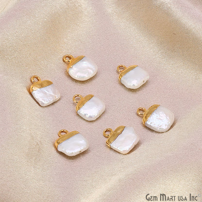 White Pearl Square Charm With Gold Electroplated Cap Single Bail Pendant