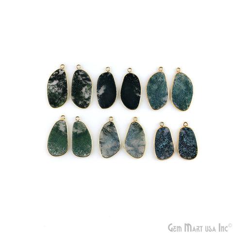 Moss Agate Free Form Gold Plated Single Bail Bezel Smooth Slab Slice Thick Gemstone Connector 33x16mm 1 Pair