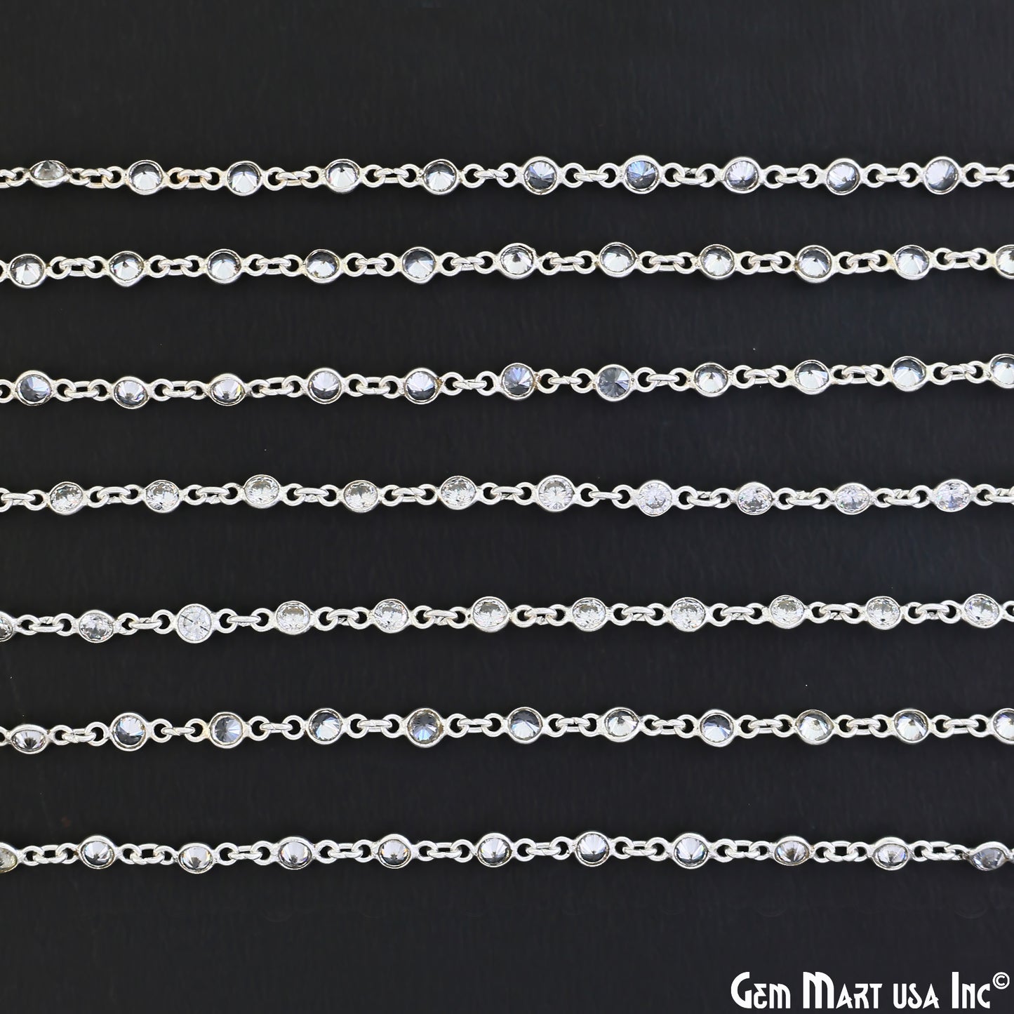 White Zircon 4mm Round Silver Bezel Continuous Connector Chain