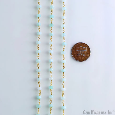 Aqua Chalcedony 4mm Round Faceted Beads Gold Wire Wrapped Rosary