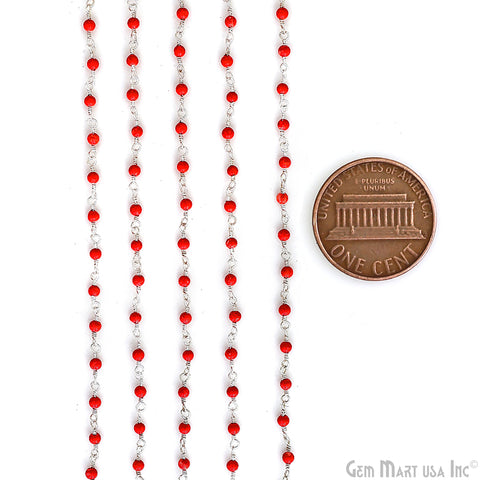 Coral Color Cabochon Beads 2mm Silver Plated Gemstone Rosary Chain