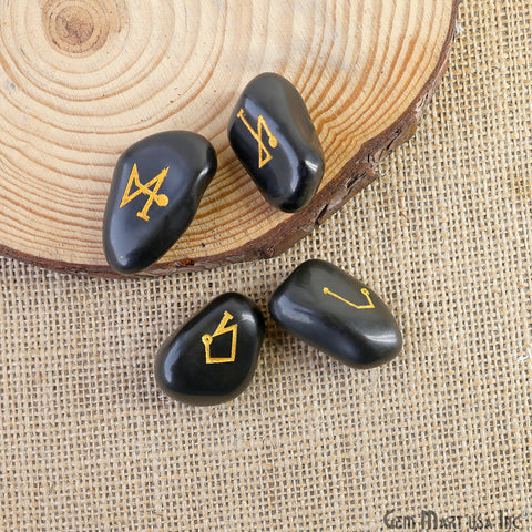 Black Onyx Reiki Symbol Engraved Gemstones, 20x25mm Healing Gemstones, Set Of 4 Reiki Tumble Stones