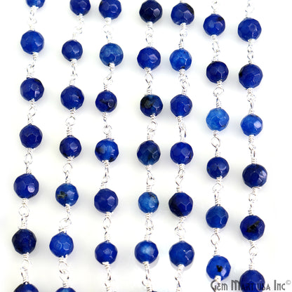 Blue Jade Faceted Beads 5mm Silver Plated Wire Wrapped Rosary Chain