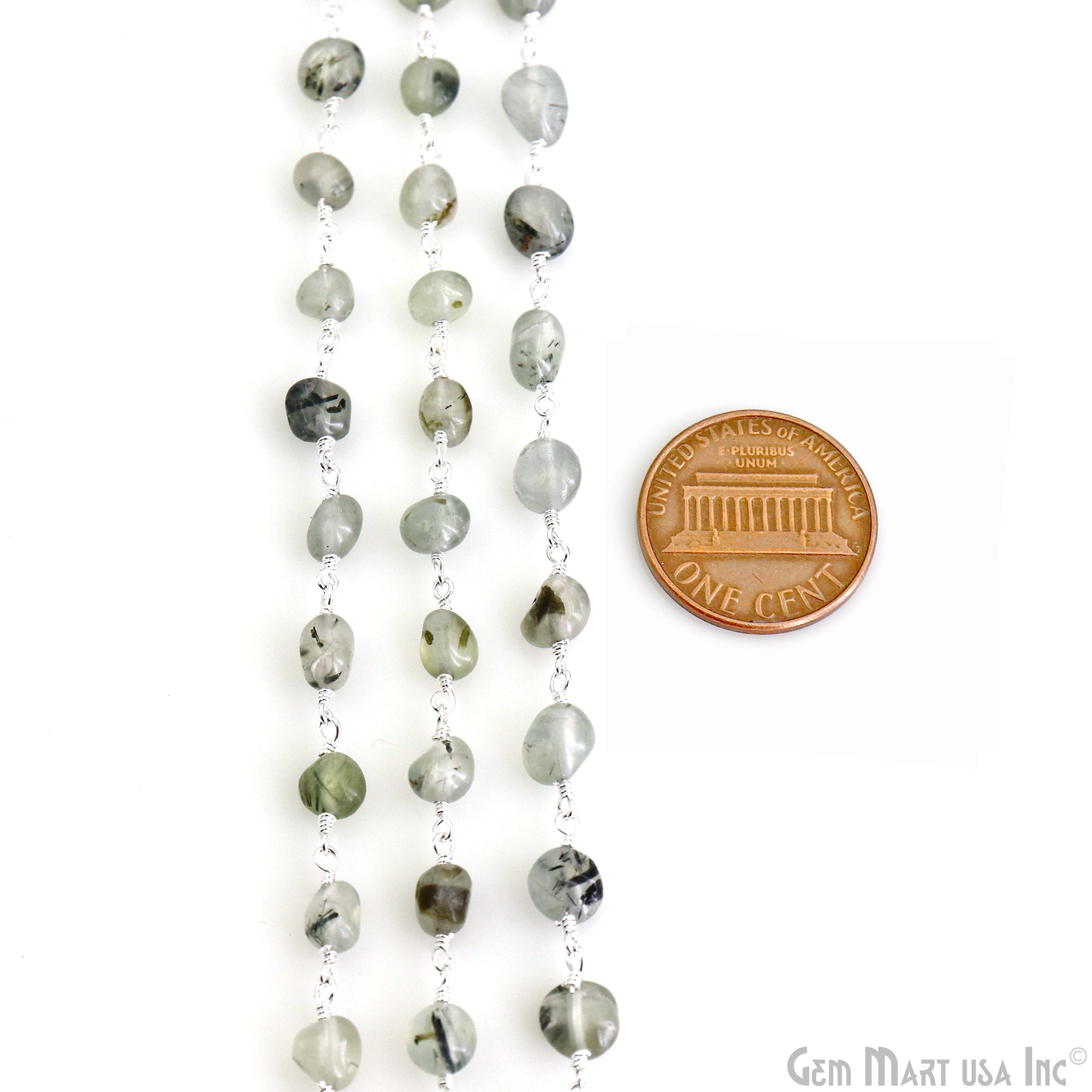 Green Rutile Tumble Beads 8x5mm Silver Wire Wrapped Rosary Chain