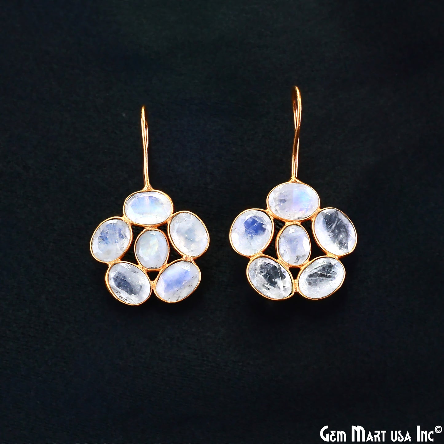 Rainbow Moonstone Drop Earrings 35x21mm Oval Cluster, Gold Plated Dangle Jewelry