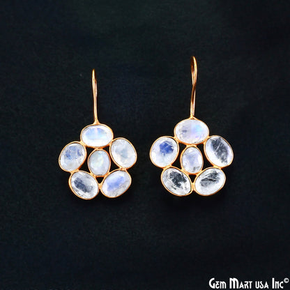 Rainbow Moonstone Drop Earrings 35x21mm Oval Cluster, Gold Plated Dangle Jewelry