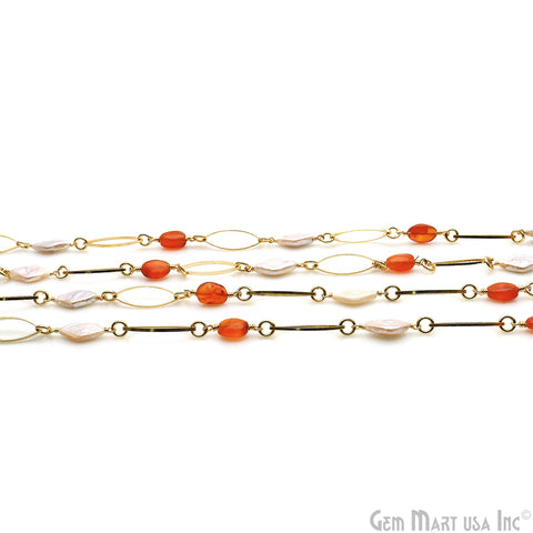Carnelian & Freshwater Pearl With Gold Marquise Finding Rosary Chain