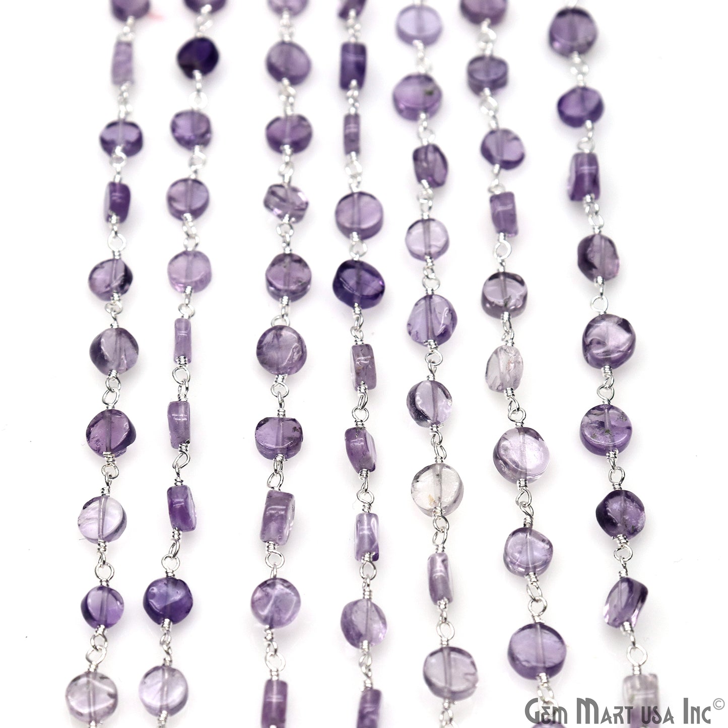 Amethyst Coin Beads 3-4mm Silver Plated wire wrapped Rosary Chain