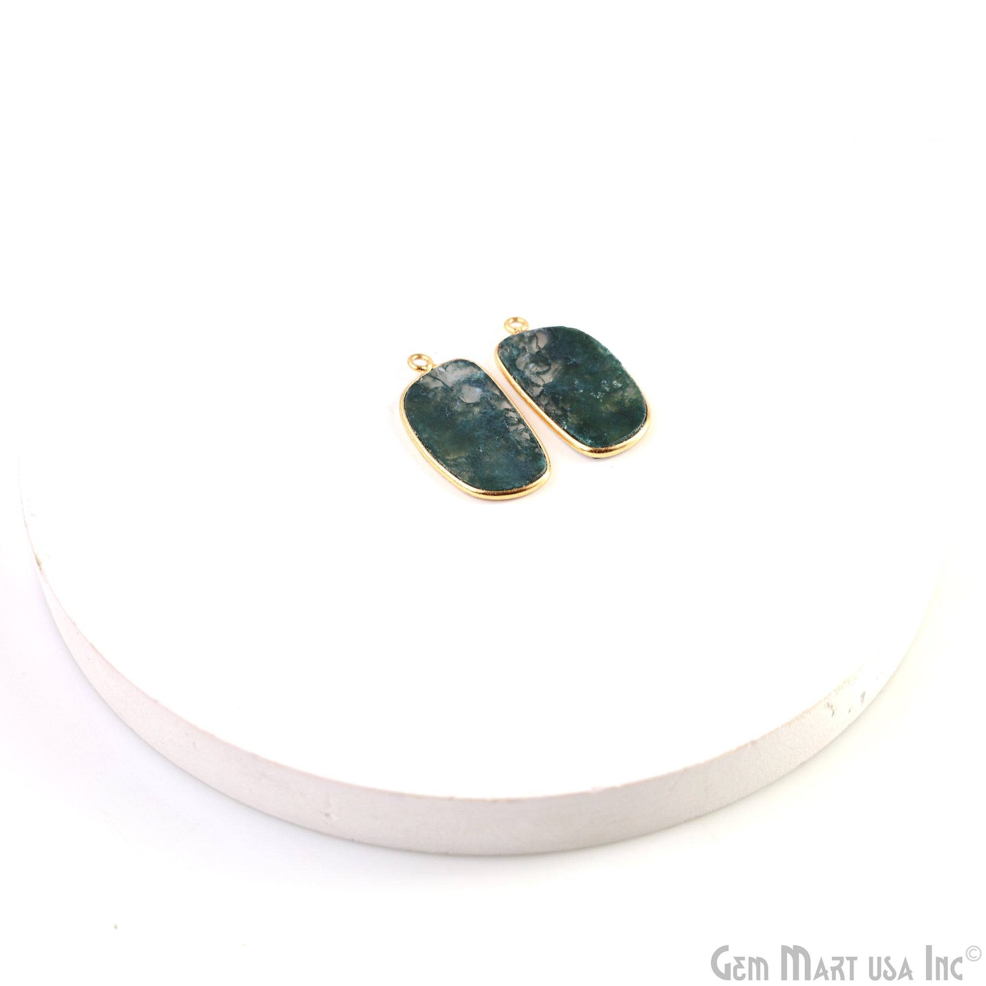 Moss Agate Free Form Gold Plated Single Bail Bezel Smooth Slab Slice Thick Gemstone Connector 28x16mm 1 Pair