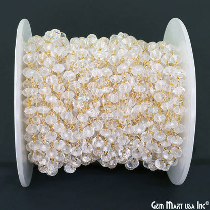 White Topaz Faceted 5-6mm Gold Wire Wrapped Beads Rosary Chain