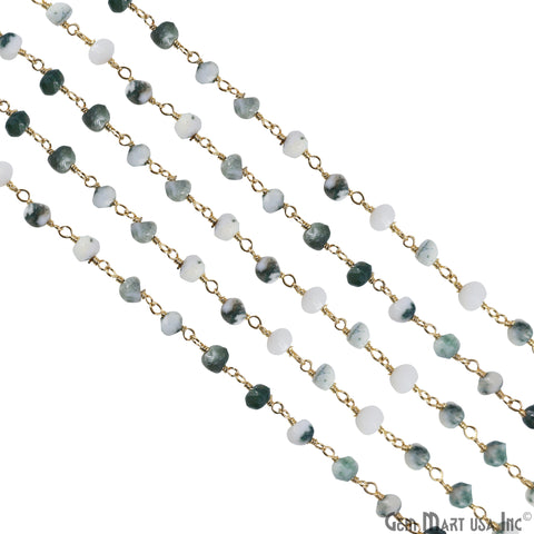 Moss Agate 4mm Faceted Beads Gold Wire Wrapped Rosary