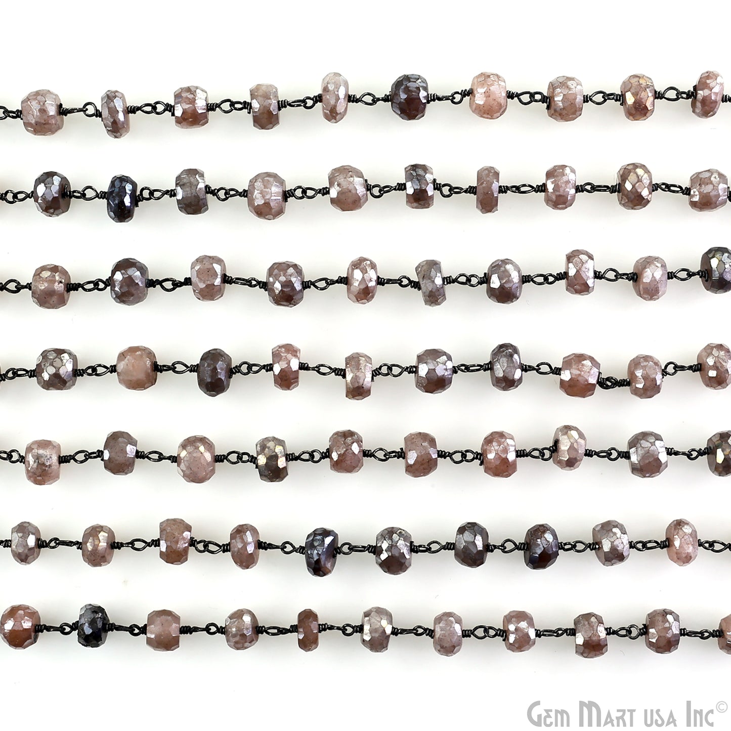 Peach Moonstone Faceted Beads 6-7mm Oxidized Wire Wrapped Beaded Rosary Chain