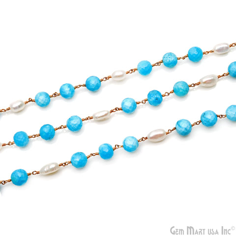 Turquoise & Freshwater Pearl With Gold Wire Wrapped Rosary Chain