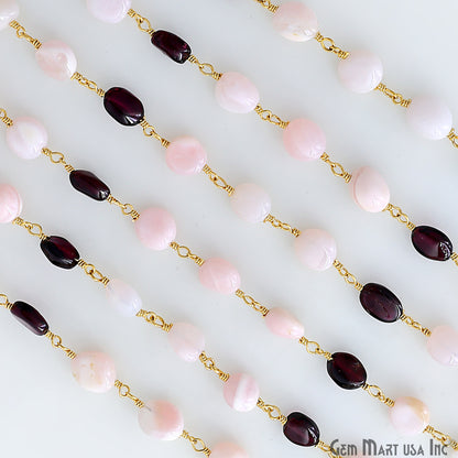 Pink Opal & Garnet Tumbled Beads 8x5mm Gold Plated Wire Wrapped Rosary Chain