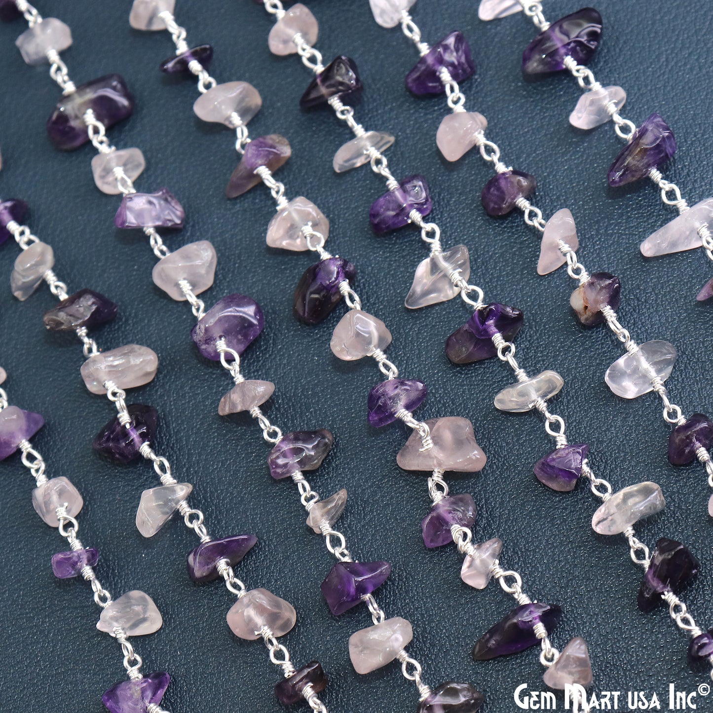 Amethyst & Rose Quartz  Nugget Chip 4-6mm Silver Wire Wrapped Rosary Chain