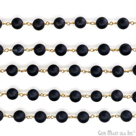 Black Tourmaline 8mm Cabochon Beads Gold Wire Wrapped Rosary Chain