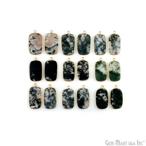 Moss Agate Octagon Gold Plated Single Bail Bezel Smooth Slab Slice Thick Gemstone Connector 30x17mm 1 Pair