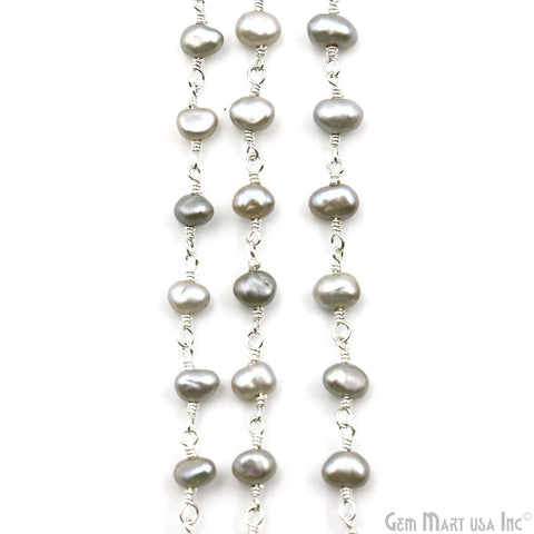 Gray Freshwater Pearl Free Form Beads 4-5mm Silver Plated Wire Wrapped Rosary Chain