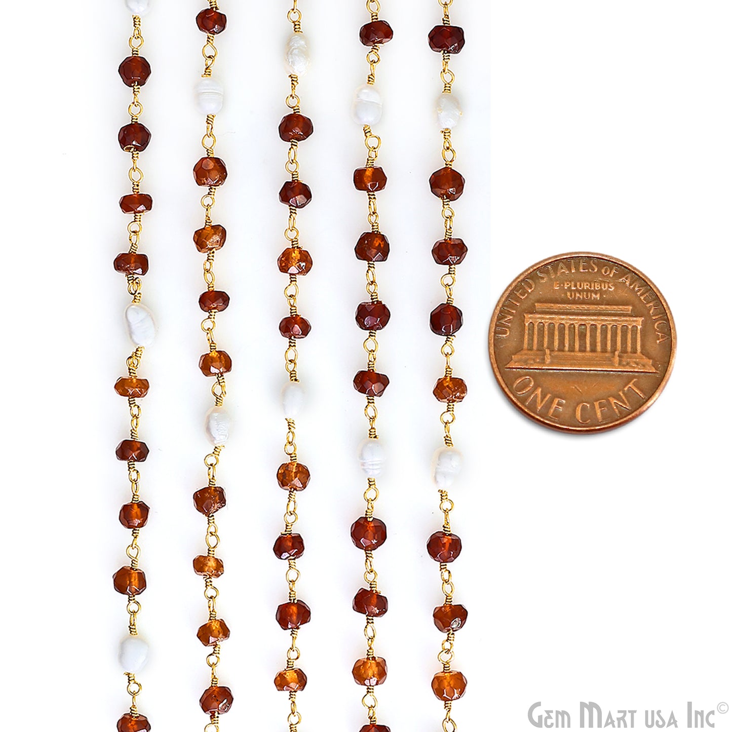 Hessonite 4-5mm & Pearl 5x4mm Beads Beads Gold Plated Rosary Chain