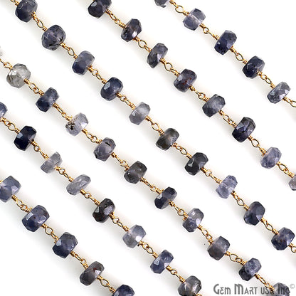 Iolite Faceted Beads 6-7mm Gold Wire Wrapped Beaded Rosary Chain