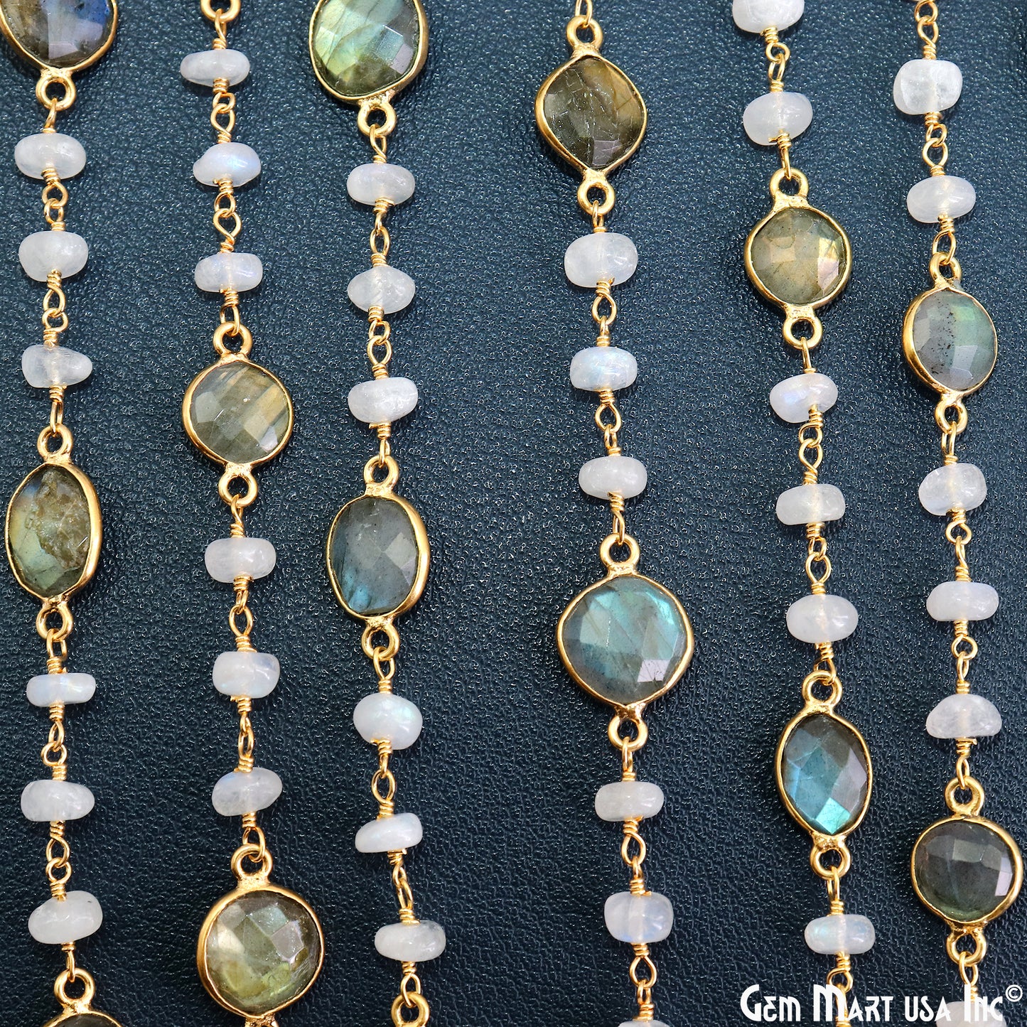 Labradorite & Rainbow Moonstone Beads Gold Plated Mix Shape Bezel Link Continuous Connector Chain