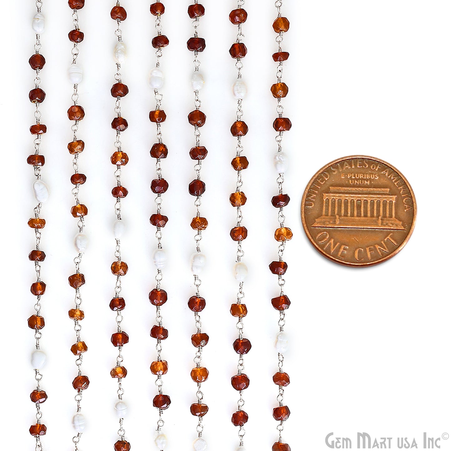 Hessonite 4-5mm & Pearl 5x4mm Beads Beads Silver Plated Rosary Chain