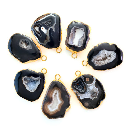 Black Agate Geode Druzy 1-2 Inch Single Bail Gold Electroplated Gemstone Connector